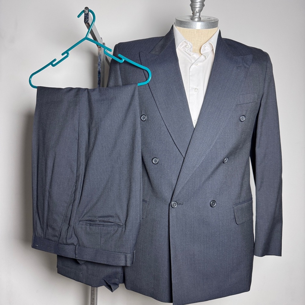 Oleg Cassini Suit Mens 42L 32x30 Charcoal Gray Solid Double Breasted Wool Peak